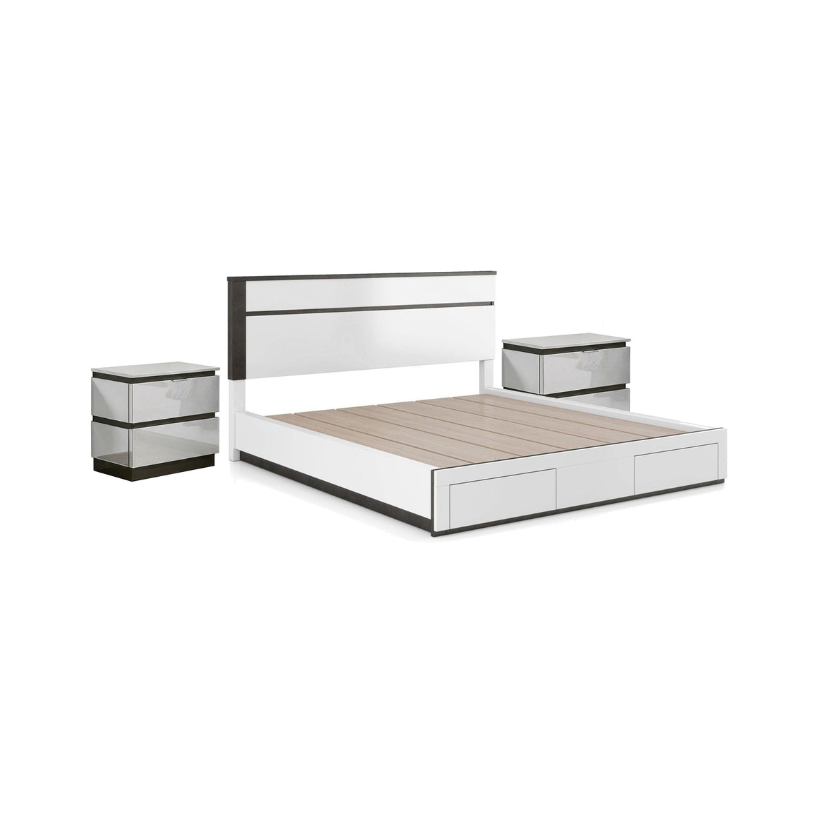 3pc King Bedroom Set, White, Metallic Gray Wood, 2 Nightstands-BM355498