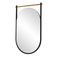 Decorative Oval Wall Mirror, Gold Leaf Rod, 21x34 Satin Black Hanging Frame