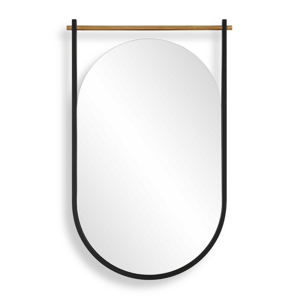 Decorative Oval Wall Mirror, Gold Leaf Rod, 21x34 Satin Black Hanging Frame