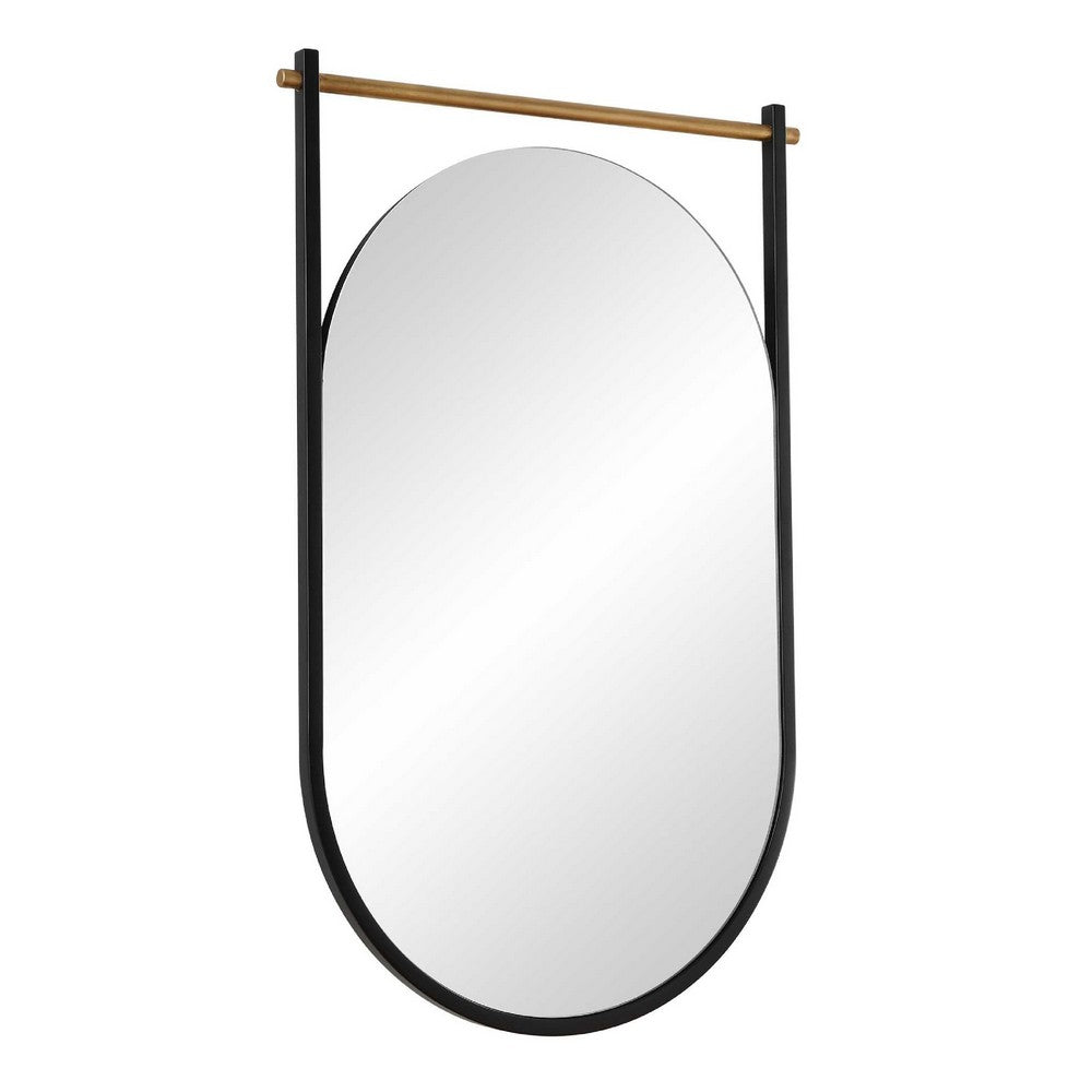 Decorative Oval Wall Mirror, Gold Leaf Rod, 21x34 Satin Black Hanging Frame