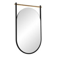 Decorative Oval Wall Mirror, Gold Leaf Rod, 21x34 Satin Black Hanging Frame