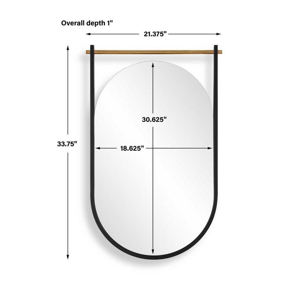 Decorative Oval Wall Mirror, Gold Leaf Rod, 21x34 Satin Black Hanging Frame