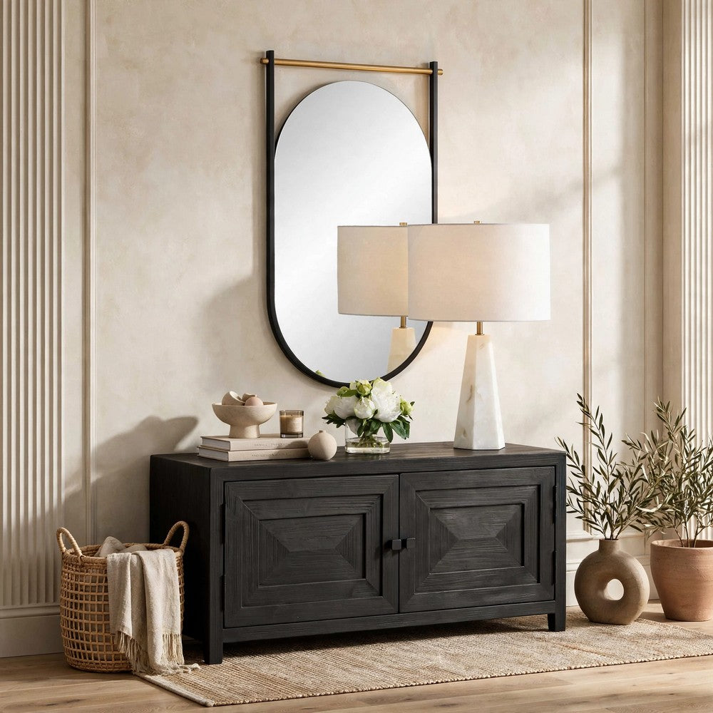 Decorative Oval Wall Mirror, Gold Leaf Rod, 21x34 Satin Black Hanging Frame