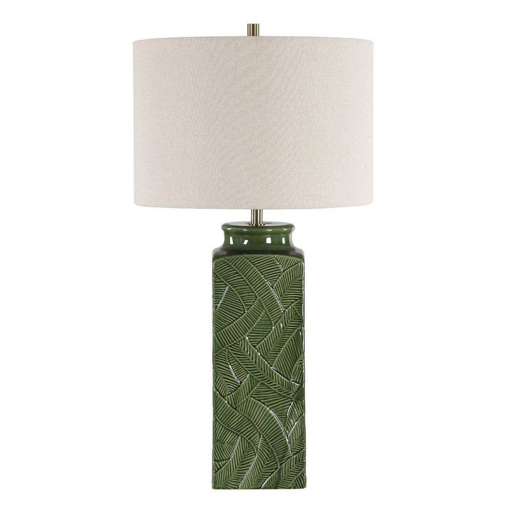 Table Lamp, Beige Shade, Raised Leaf Motif, Glossy Green Ceramic, 28 Inch