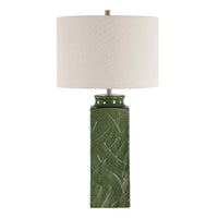 Table Lamp, Beige Shade, Raised Leaf Motif, Glossy Green Ceramic, 28 Inch