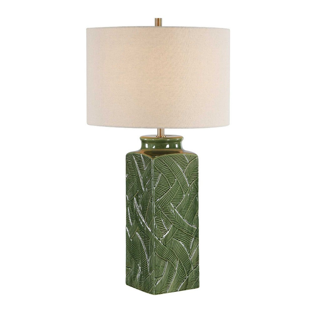 Table Lamp, Beige Shade, Raised Leaf Motif, Glossy Green Ceramic, 28 Inch