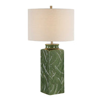 Table Lamp, Beige Shade, Raised Leaf Motif, Glossy Green Ceramic, 28 Inch