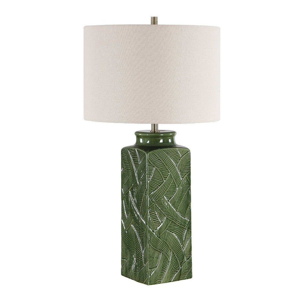Table Lamp, Beige Shade, Raised Leaf Motif, Glossy Green Ceramic, 28 Inch