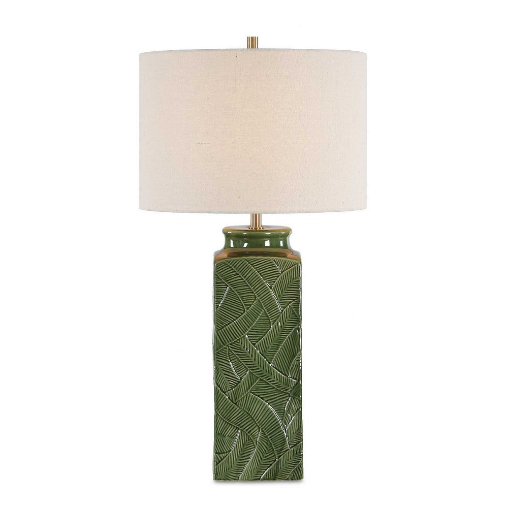 Table Lamp, Beige Shade, Raised Leaf Motif, Glossy Green Ceramic, 28 Inch
