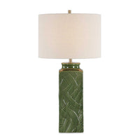 Table Lamp, Beige Shade, Raised Leaf Motif, Glossy Green Ceramic, 28 Inch