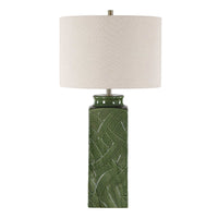 Table Lamp, Beige Shade, Raised Leaf Motif, Glossy Green Ceramic, 28 Inch