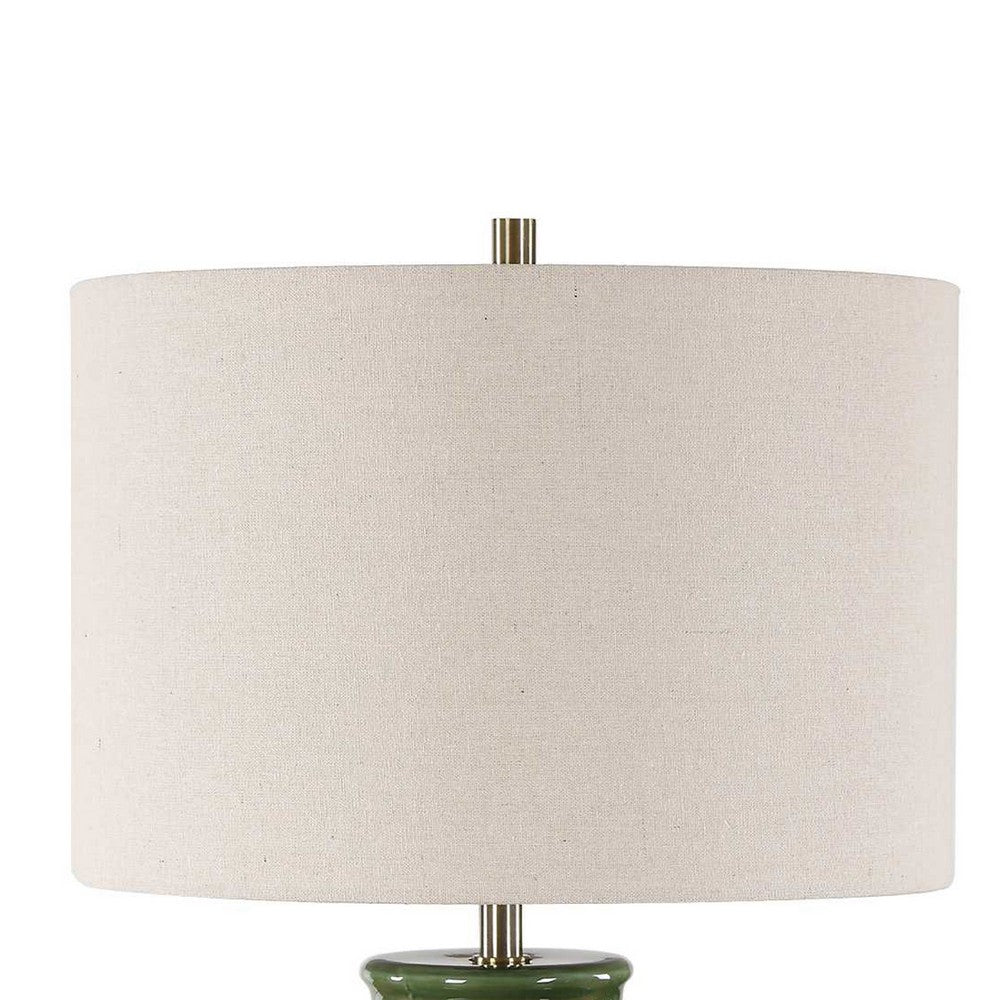 Table Lamp, Beige Shade, Raised Leaf Motif, Glossy Green Ceramic, 28 Inch