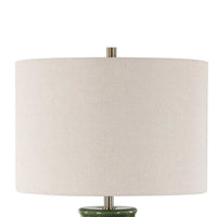 Table Lamp, Beige Shade, Raised Leaf Motif, Glossy Green Ceramic, 28 Inch