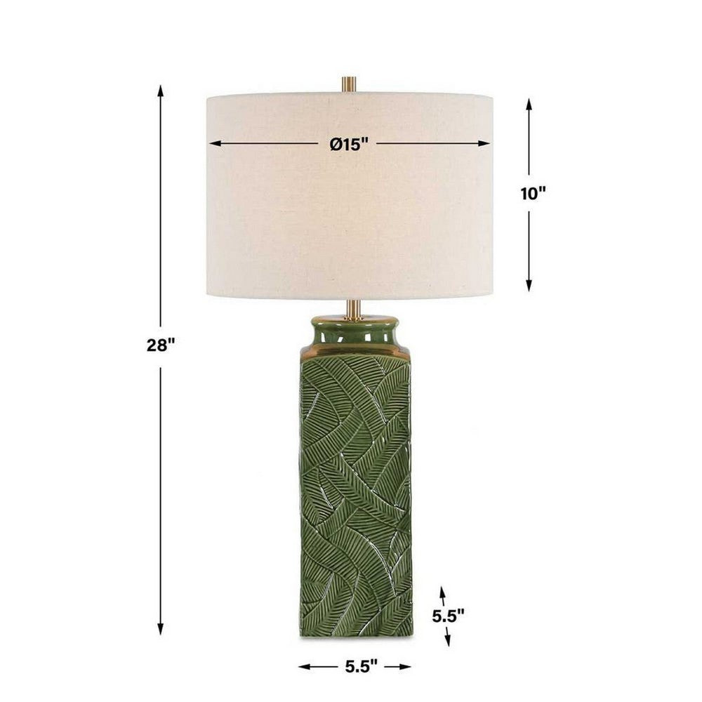 Table Lamp, Beige Shade, Raised Leaf Motif, Glossy Green Ceramic, 28 Inch