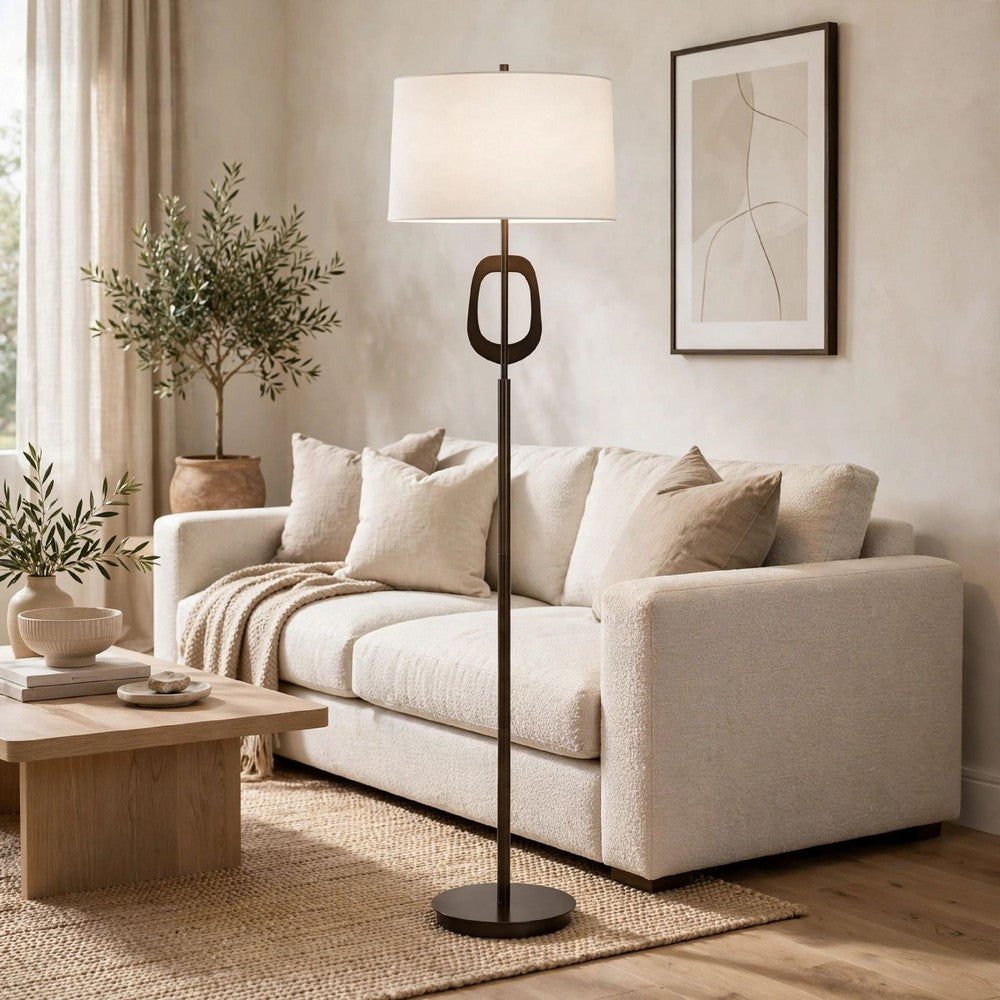 Floor Lamp, Off White Linen Shade, Oil-Rubbed Bronze, Modern 63 Inch