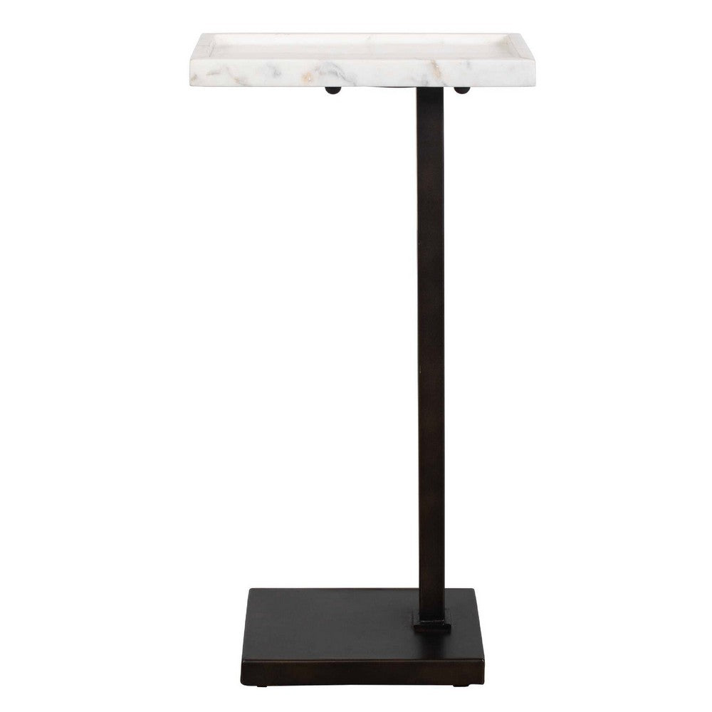 Accent Side End Drink Table, White Marble Top, Bronze Iron, 24 Inch