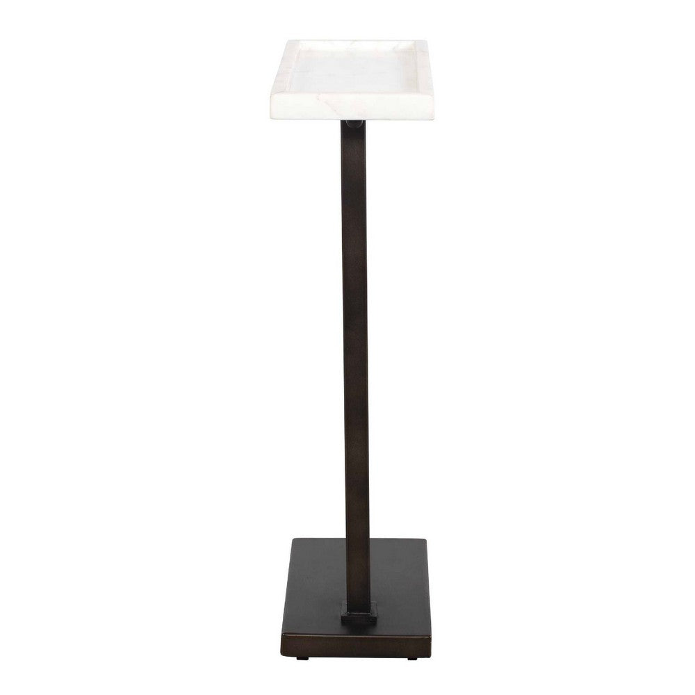 Accent Side End Drink Table, White Marble Top, Bronze Iron, 24 Inch