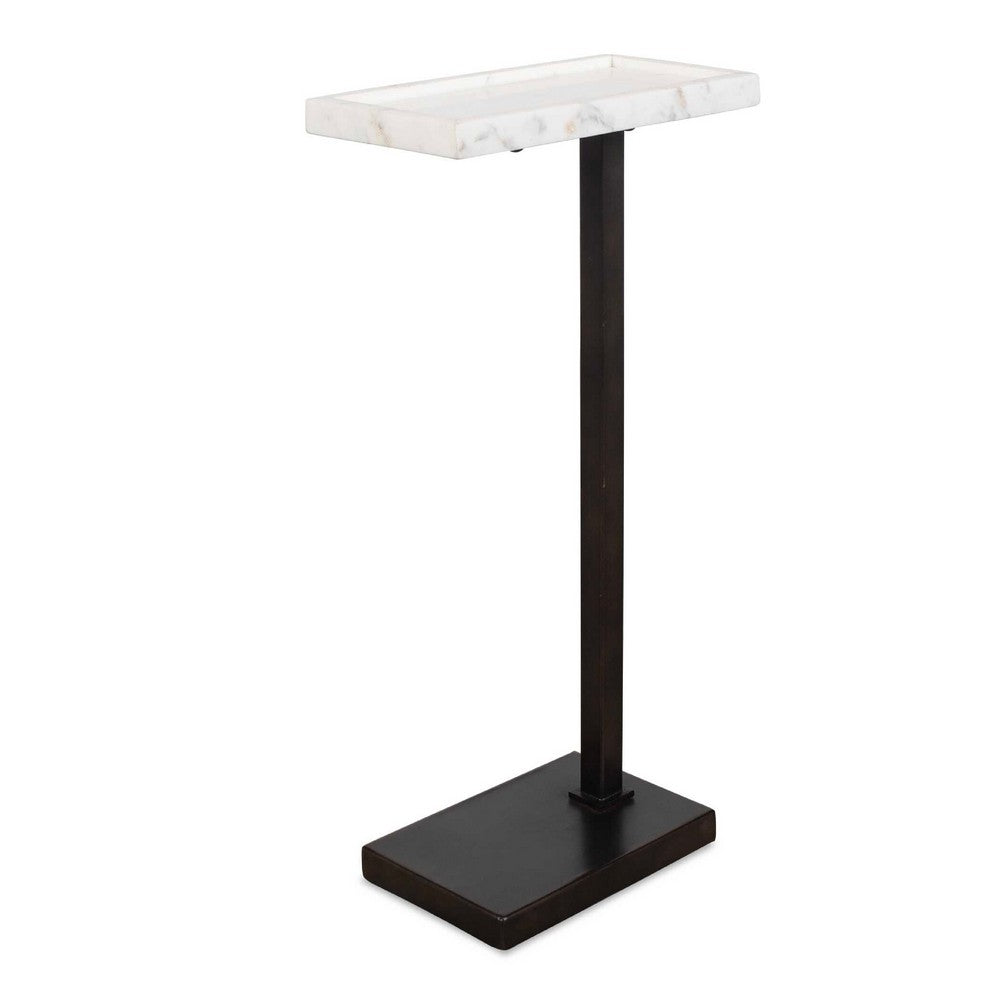 Accent Side End Drink Table, White Marble Top, Bronze Iron, 24 Inch