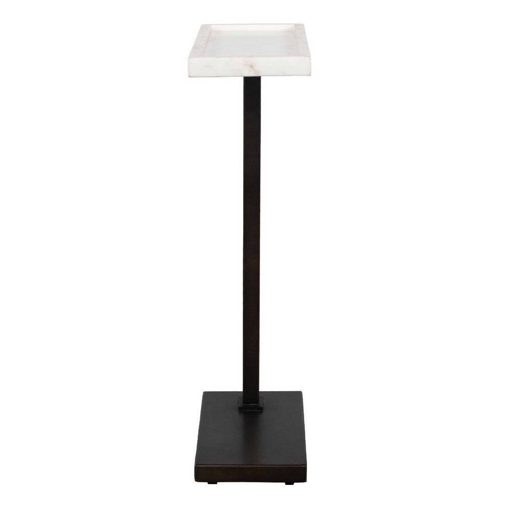 Accent Side End Drink Table, White Marble Top, Bronze Iron, 24 Inch