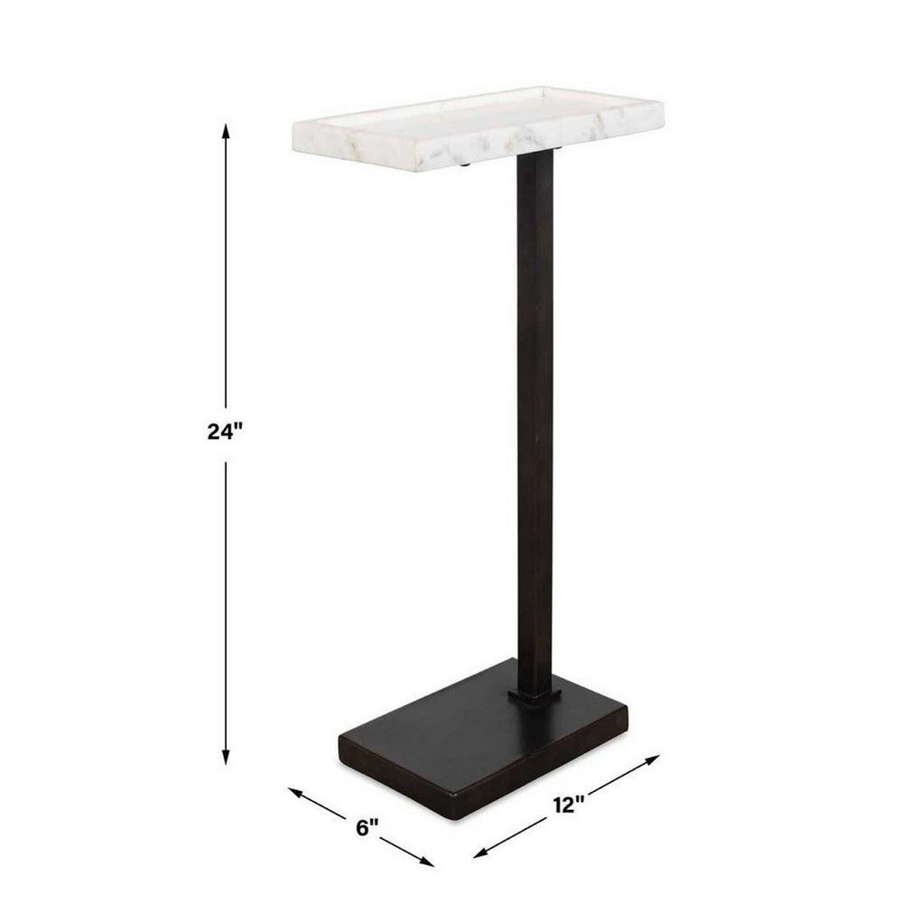Accent Side End Drink Table, White Marble Top, Bronze Iron, 24 Inch