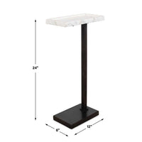 Accent Side End Drink Table, White Marble Top, Bronze Iron, 24 Inch