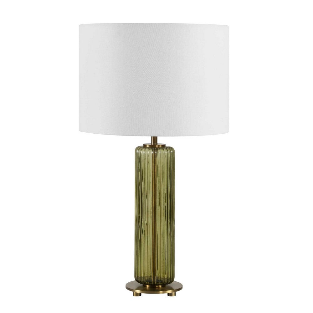 Table Lamp, Off White Linen Shade, Olive Green Ribbed Glass, 26 Inch
