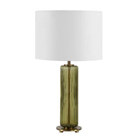 Table Lamp, Off White Linen Shade, Olive Green Ribbed Glass, 26 Inch