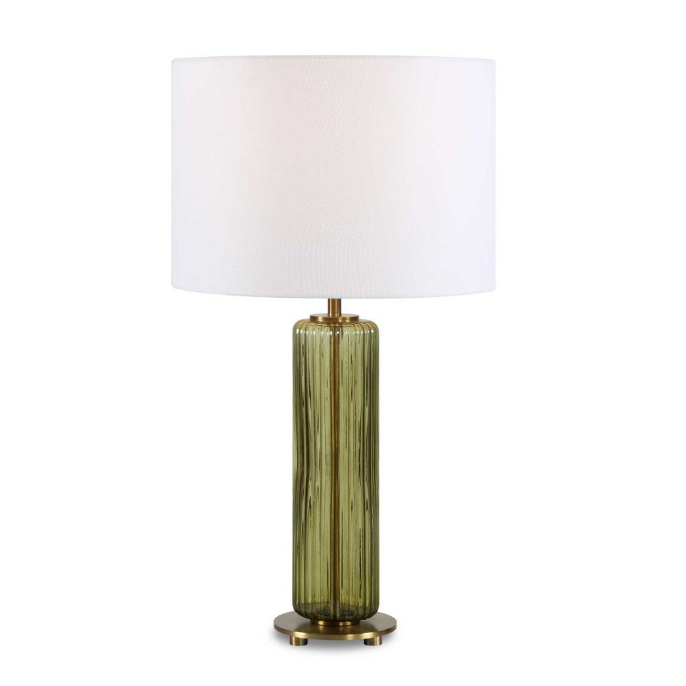 Table Lamp, Off White Linen Shade, Olive Green Ribbed Glass, 26 Inch
