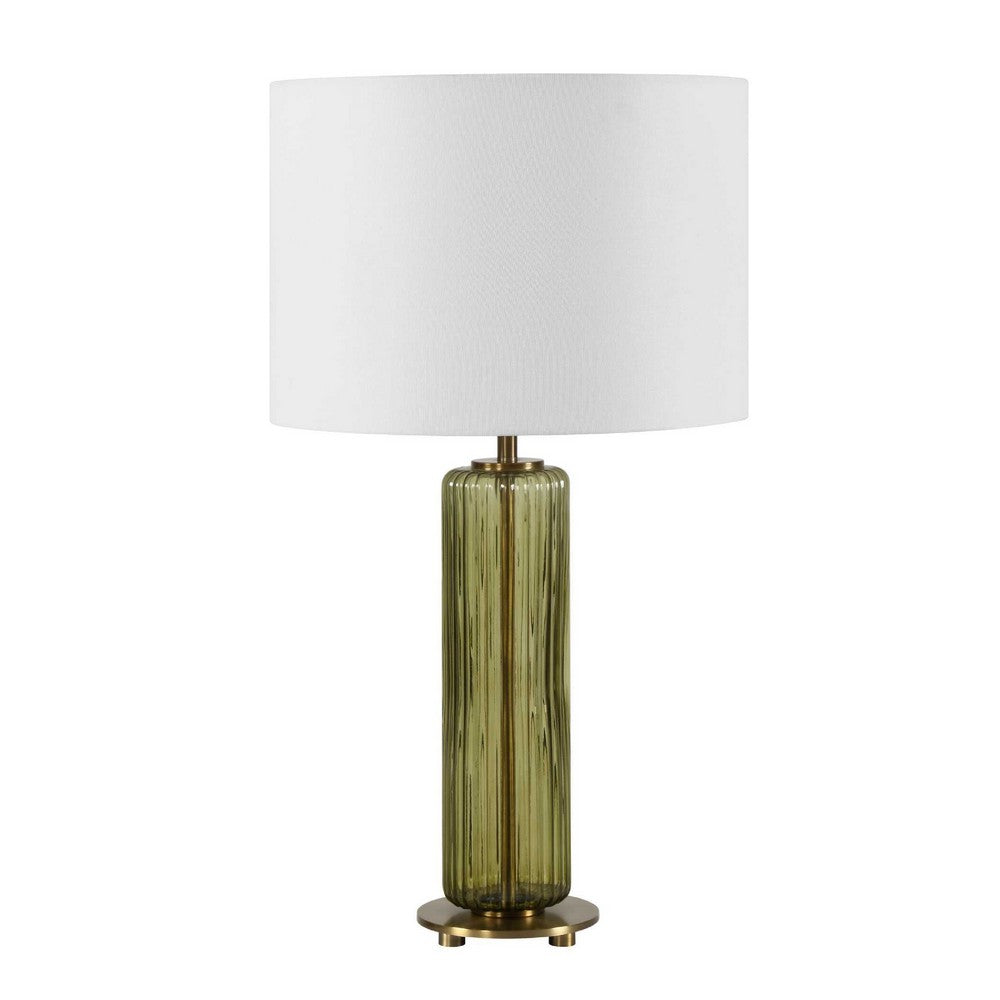 Table Lamp, Off White Linen Shade, Olive Green Ribbed Glass, 26 Inch