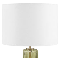 Table Lamp, Off White Linen Shade, Olive Green Ribbed Glass, 26 Inch