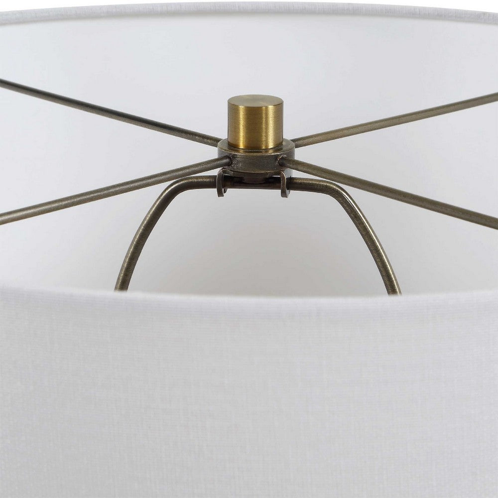 Table Lamp, Off White Linen Shade, Olive Green Ribbed Glass, 26 Inch