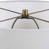 Table Lamp, Off White Linen Shade, Olive Green Ribbed Glass, 26 Inch