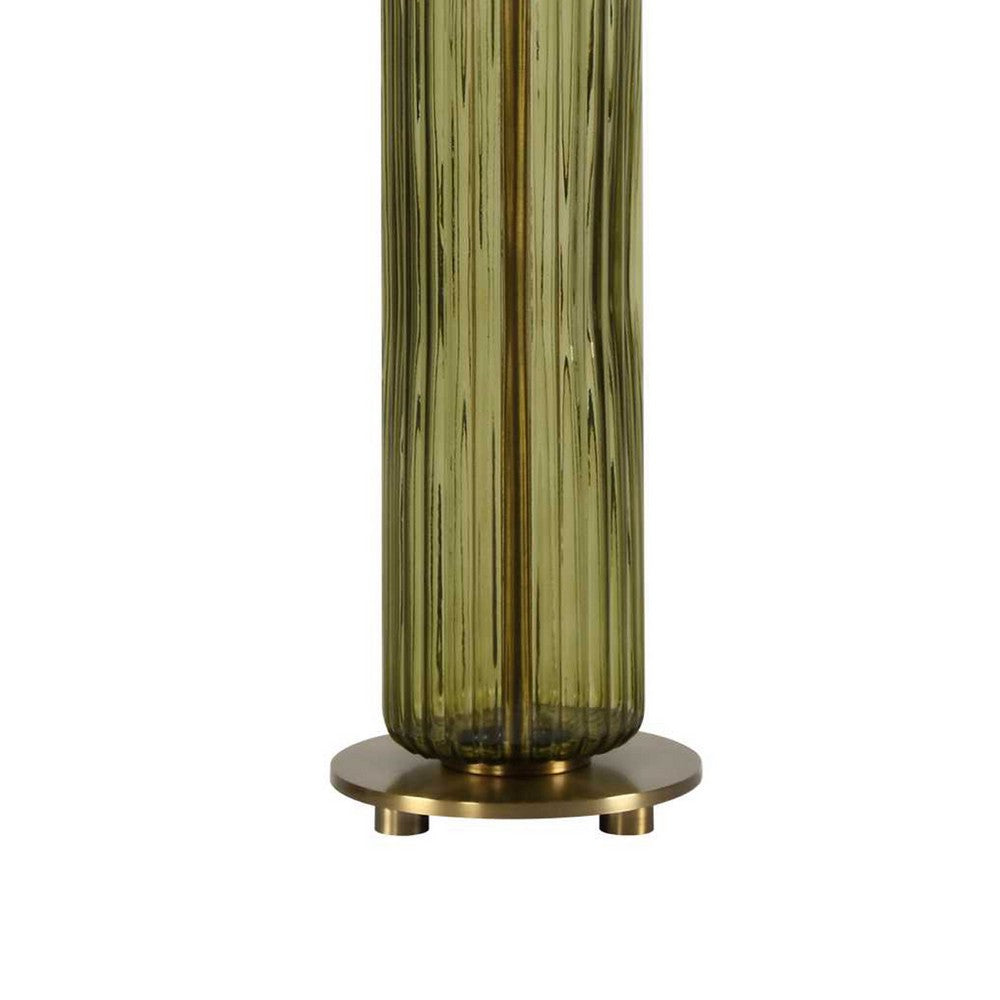 Table Lamp, Off White Linen Shade, Olive Green Ribbed Glass, 26 Inch