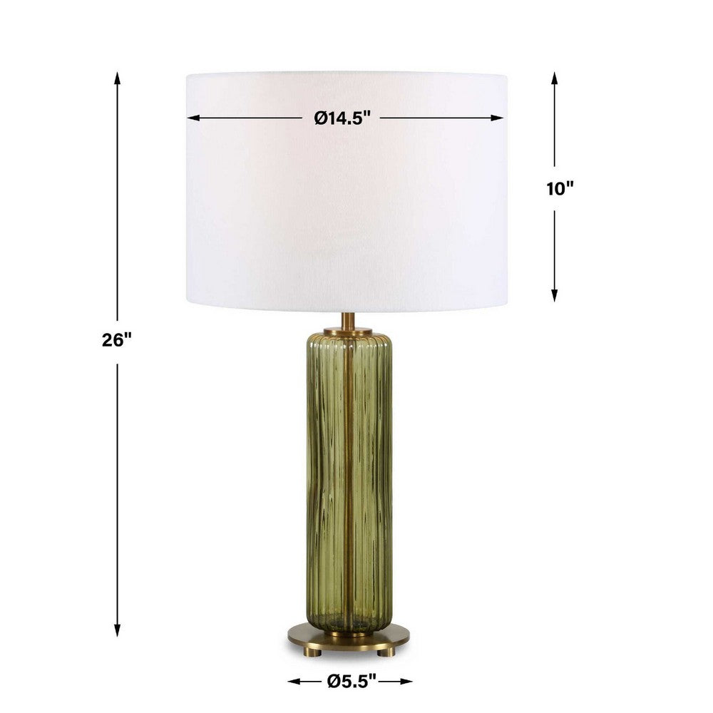 Table Lamp, Off White Linen Shade, Olive Green Ribbed Glass, 26 Inch