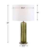 Table Lamp, Off White Linen Shade, Olive Green Ribbed Glass, 26 Inch