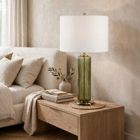 Table Lamp, Off White Linen Shade, Olive Green Ribbed Glass, 26 Inch