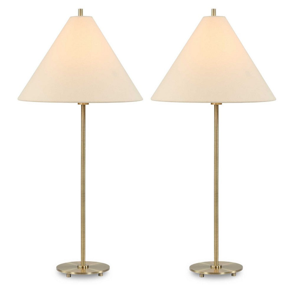 Table Lamp Set of 2, Plated Antique Brass, Off White Linen Shades
