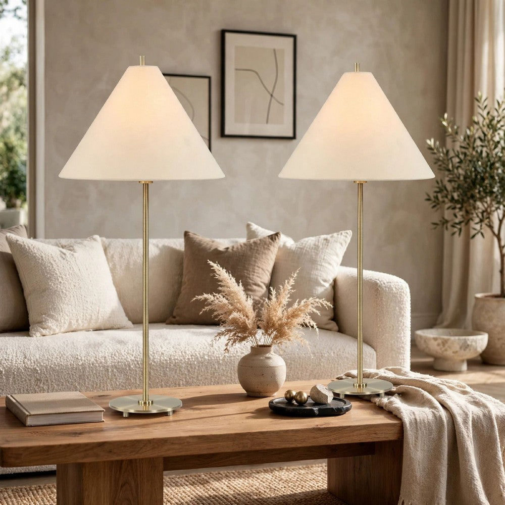 Table Lamp Set of 2, Plated Antique Brass, Off White Linen Shades