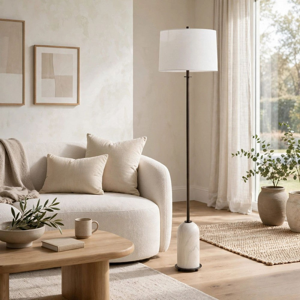 Floor Lamp, Off White Shade, Bronze Stem with Faux Marble Base, 62 Inch