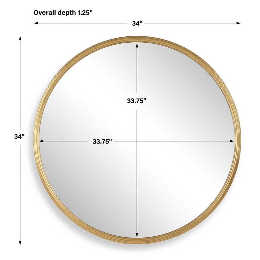 Decorative Wall Mirror, Ribbed Accent Gold Leaf, 34 Inch Round Frame