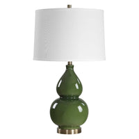Table Lamp, White Tapered Shade, Dark Green Ceramic Gourd Base, 26 Inch