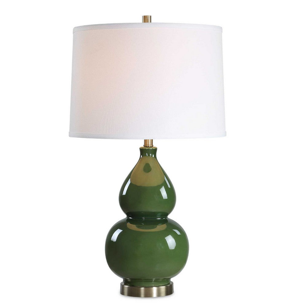 Table Lamp, White Tapered Shade, Dark Green Ceramic Gourd Base, 26 Inch