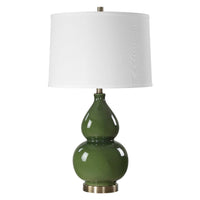 Table Lamp, White Tapered Shade, Dark Green Ceramic Gourd Base, 26 Inch