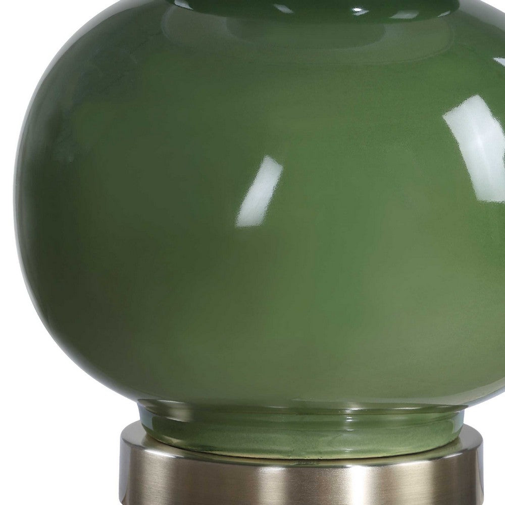 Table Lamp, White Tapered Shade, Dark Green Ceramic Gourd Base, 26 Inch