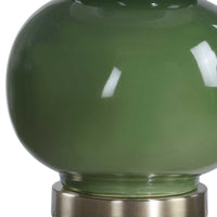 Table Lamp, White Tapered Shade, Dark Green Ceramic Gourd Base, 26 Inch