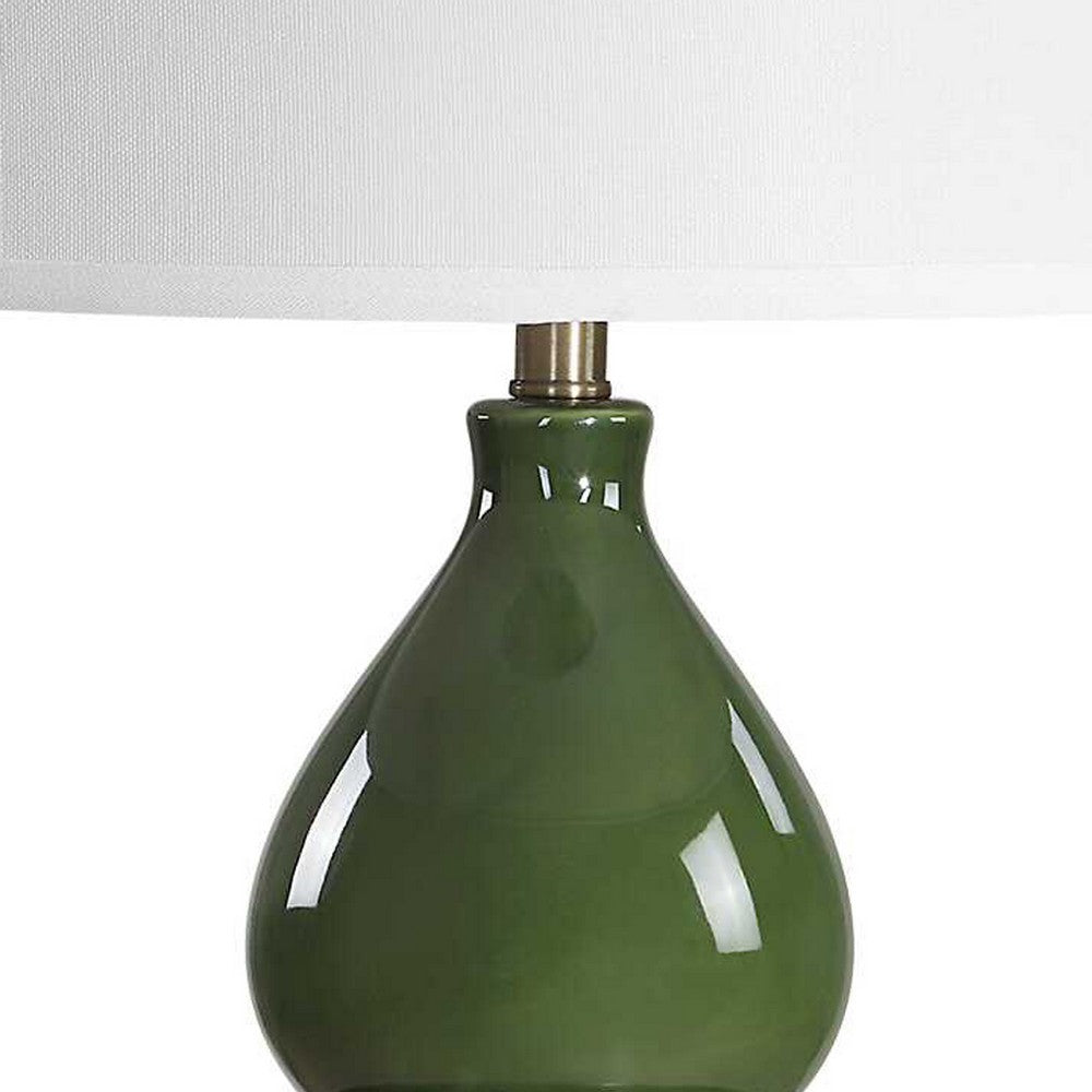 Table Lamp, White Tapered Shade, Dark Green Ceramic Gourd Base, 26 Inch