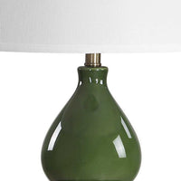 Table Lamp, White Tapered Shade, Dark Green Ceramic Gourd Base, 26 Inch