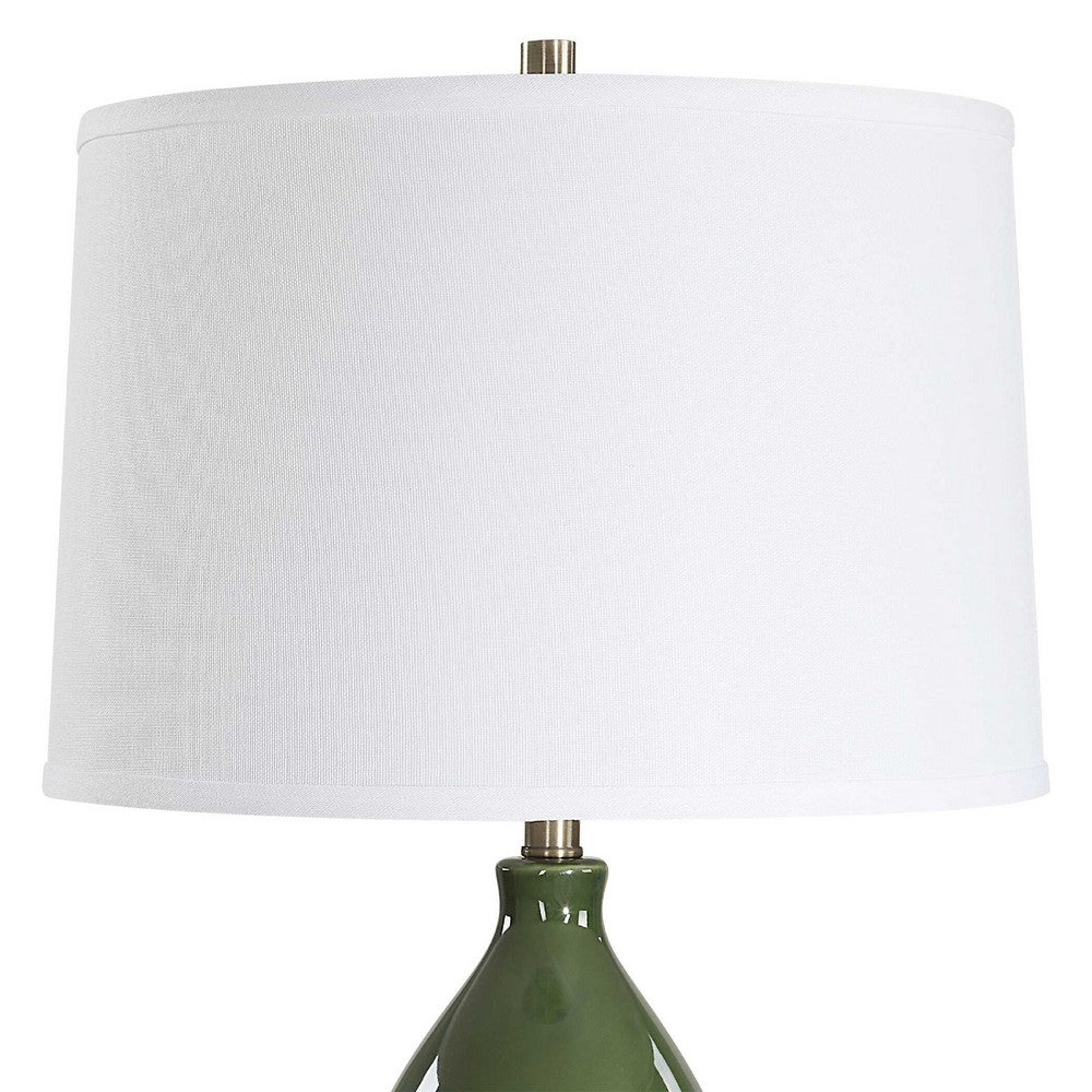 Table Lamp, White Tapered Shade, Dark Green Ceramic Gourd Base, 26 Inch