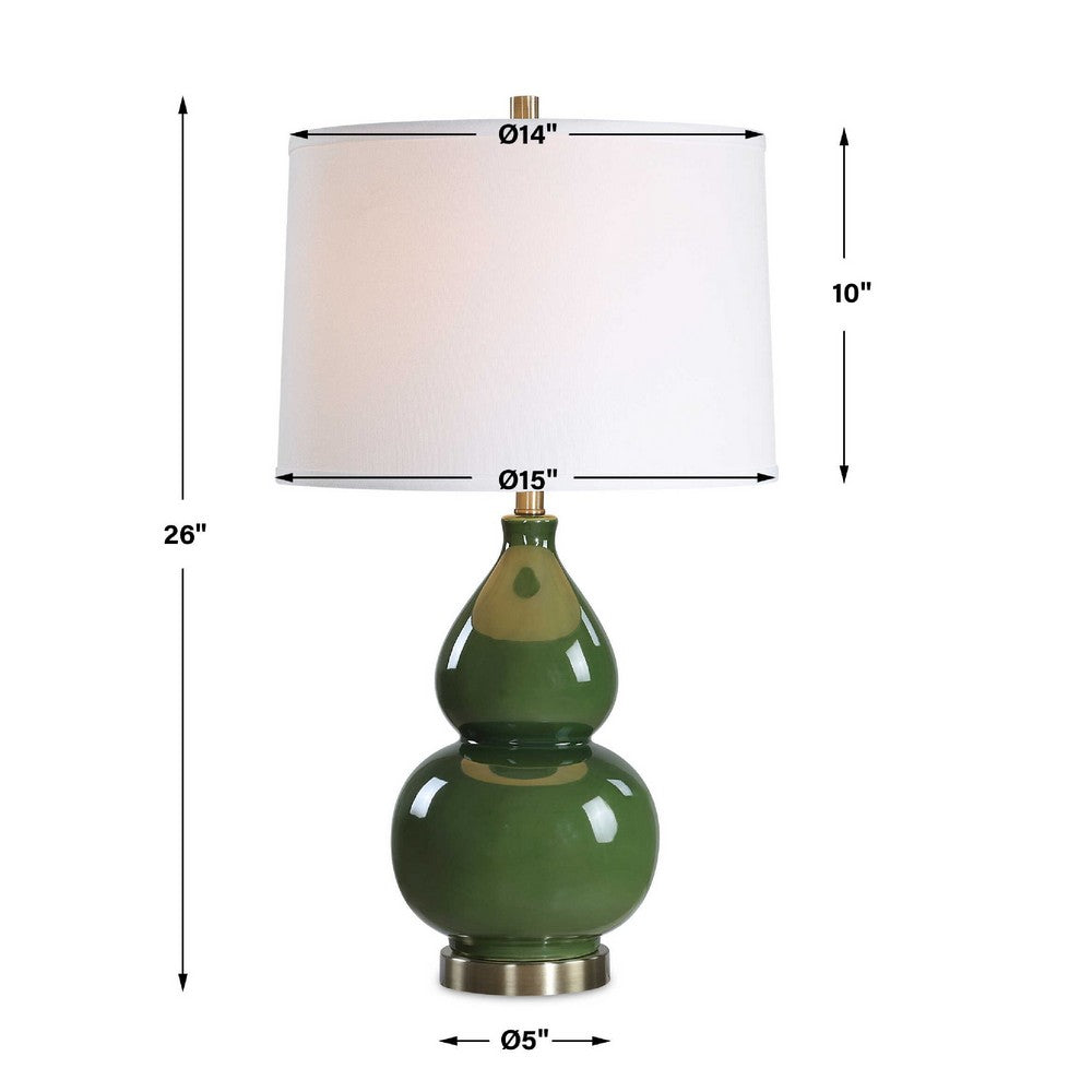 Table Lamp, White Tapered Shade, Dark Green Ceramic Gourd Base, 26 Inch