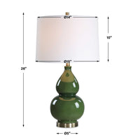 Table Lamp, White Tapered Shade, Dark Green Ceramic Gourd Base, 26 Inch